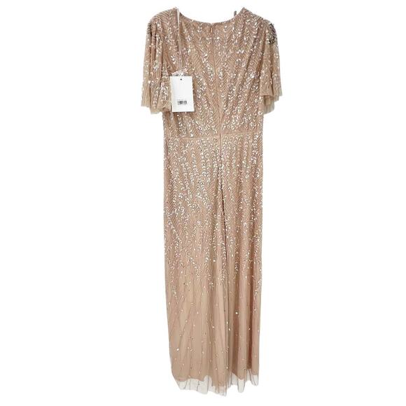 Mac Duggal Embellished Flutter Sleeve Wedding Guest Maxi Gown Nude Size 10 NWT - Picture 7 of 12